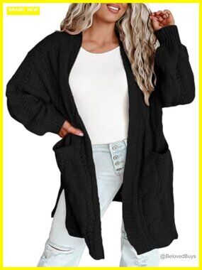 Plus Size Cable Knit Open Front Cardigan Long Sleeve Acrylic Sweater